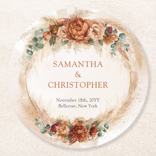 Trendy Terracotta burgundy Blume Grünbogen Runder Pappuntersetzer (Vorderseite)