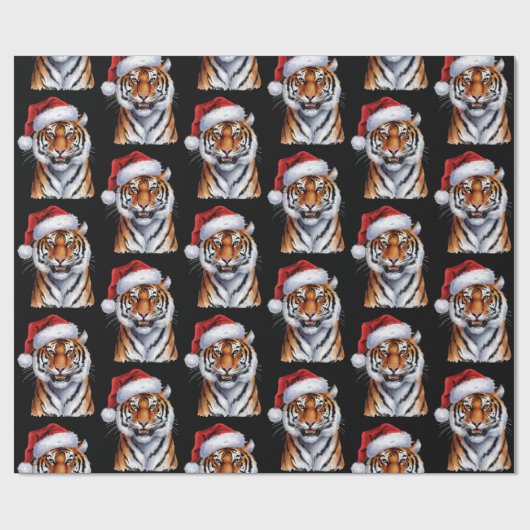 Trendy Tiger with Santa Hat Christmas Black  Geschenkpapier (Flach)