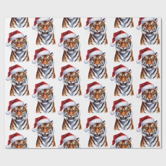 Trendy Tiger with Santa Hat Christmas Green        Geschenkpapier (Flach)