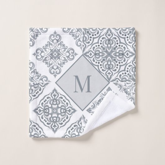 Trendy Tile Print grau und weiß Personalisiert Badhandtuch Set (Waschlappen)