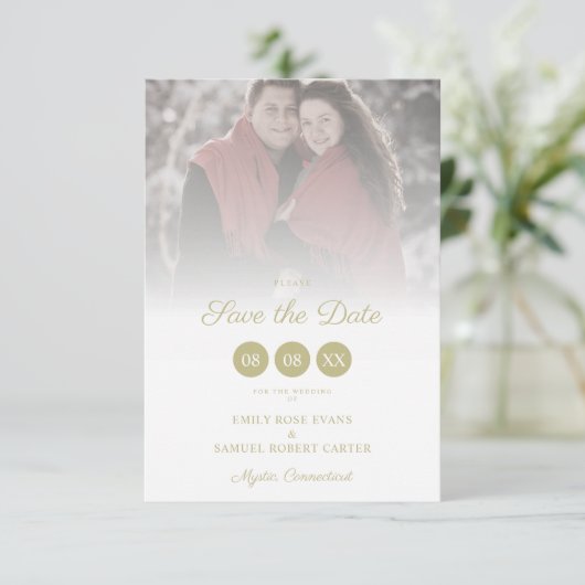 Trendy Transparency Effect Elegant Photo Wedding Save The Date (Stehend Vorderseite)