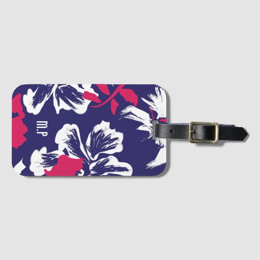 Trendy Tropical Blue Red Floral Pattern Monogram Gepäckanhänger (Vorderseite (Horizontal))