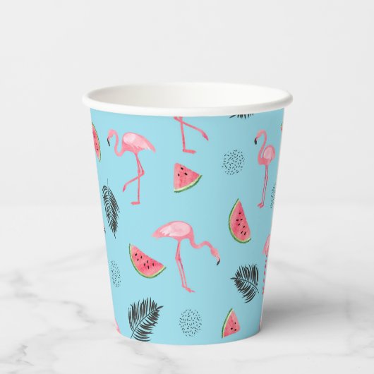 Trendy Tropical Flamingo & Watermelon Muster Pappbecher (Rückseite)
