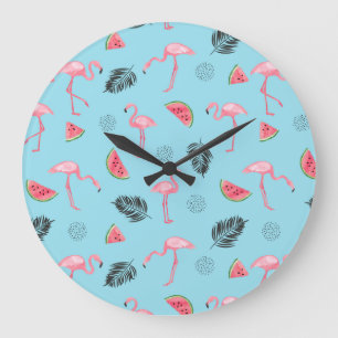 Trendy Tropical Flamingo & Watermelon Pattern Große Wanduhr