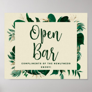 Trendy Tropical Open Bar Wedding Reception Sign Poster