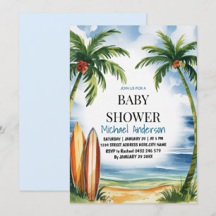 Trendy Tropical Summer surfing Beach Baby Dusche Einladung