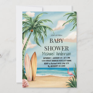 Trendy Tropical Summer surfing Beach Baby Dusche Einladung