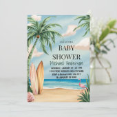 Trendy Tropical Summer surfing Beach Baby Dusche Einladung (Stehend Vorderseite)
