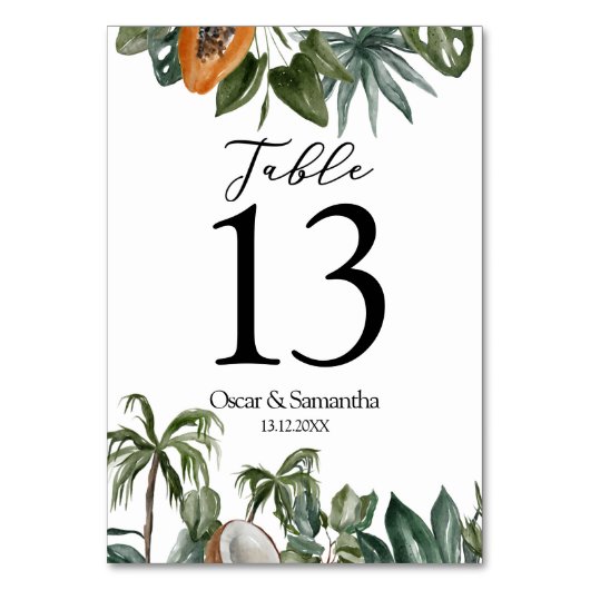 Trendy Tropical Watercolor Green Blätter Tischnummer (Rückseite)