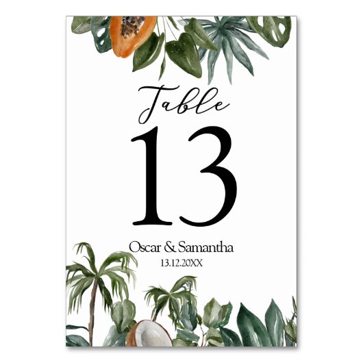 Trendy Tropical Watercolor Green Blätter Tischnummer (Vorderseite)