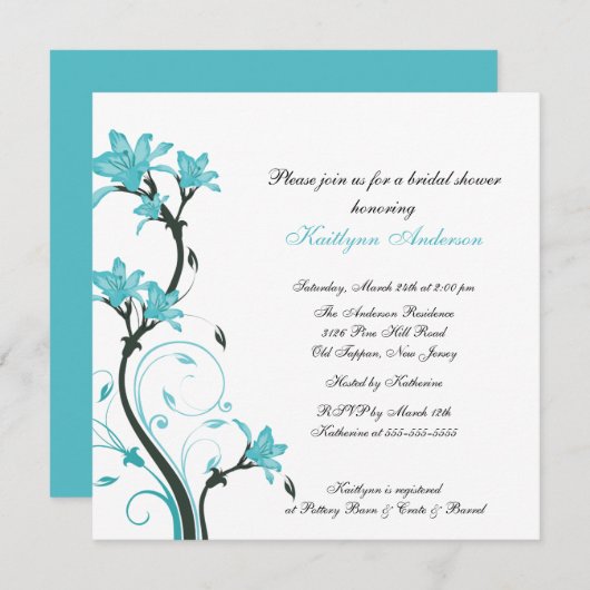 Trendy Türkis-BlumenBrautparty-Einladung Einladung (Vorne/Hinten)