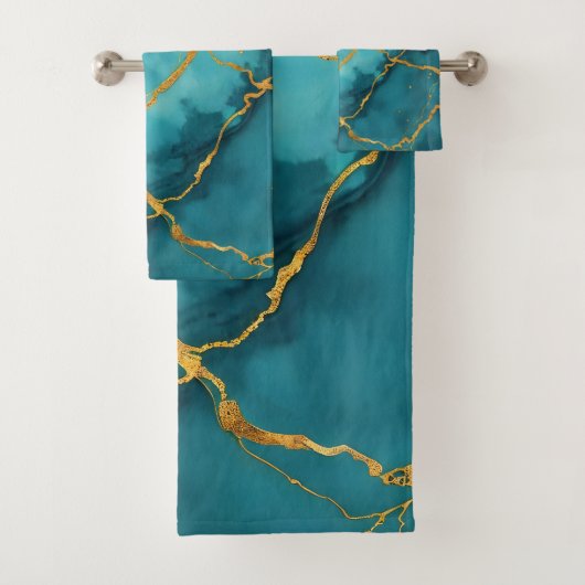 Trendy Turquoise Blue Gold Marmor Collection Badhandtuch Set (Insitu)
