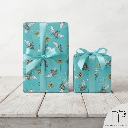 Trendy Turquoise Buzzing Spring & Summer Honeybee Geschenkpapier