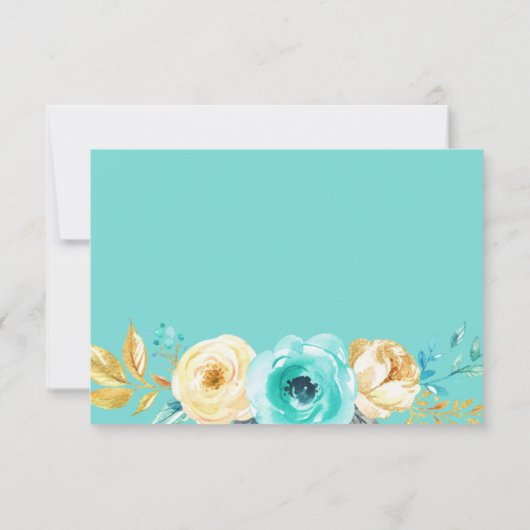 Trendy Turquoise Gold Floral Wedding RSVP Antwort (Rückseite)