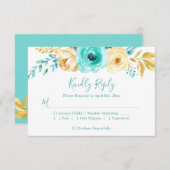 Trendy Turquoise Gold Floral Wedding RSVP Antwort (Vorne/Hinten)