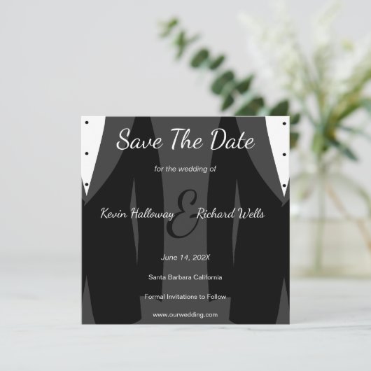 Trendy Two Tuxedos Gay Wedding speichern das Datum Save The Date (Stehend Vorderseite)