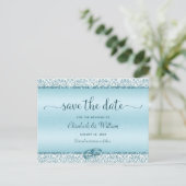 Trendy Typografy Blue Wedding Save the Date Ankündigungspostkarte (Stehend Vorderseite)