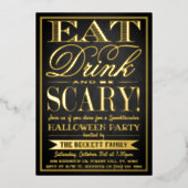 Trendy Typografy Eat, Drinks & Be Beängstigend Hal Folieneinladung (Vorderseite)