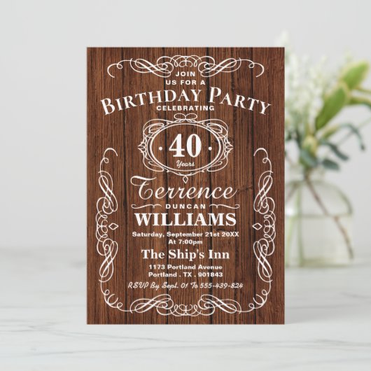 Trendy Typografy Rustic Wood Birthday Party Einladung (Stehend Vorderseite)