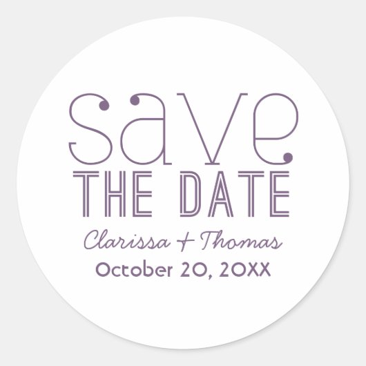 Trendy Typografy Save the Date Stickers, Lila Runder Aufkleber (Vorderseite)