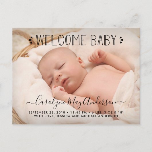 Trendy Typografy "Welcome Baby" Foto Ankündigungspostkarte (Vorderseite)