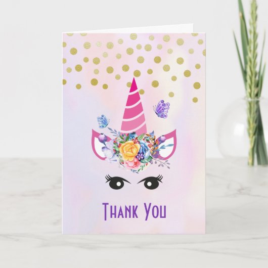 Trendy Unicorn mit Blume Butterflies & Confetti Dankeskarte (Vorderseite)
