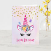 Trendy Unicorn mit Blume Butterflies & Confetti Karte (Gelbe Blume)