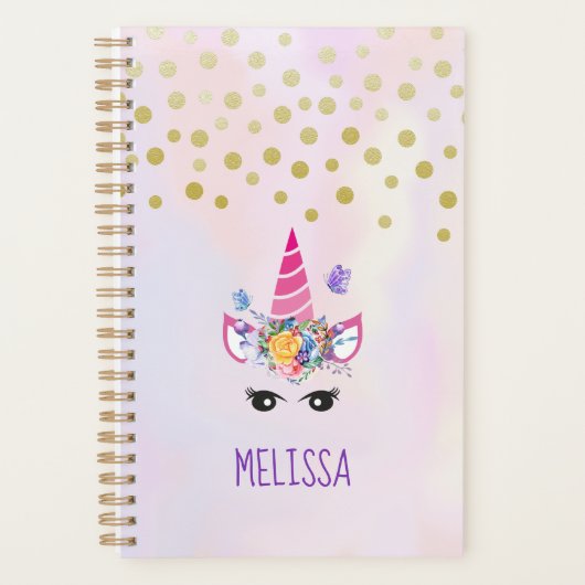 Trendy Unicorn mit Blume Butterflies & Confetti Planer (Vorderseite)