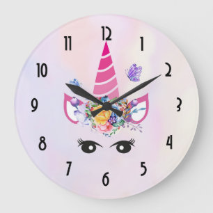 Trendy Unicorn mit Blumenkronen und Schmetterlinge Große Wanduhr