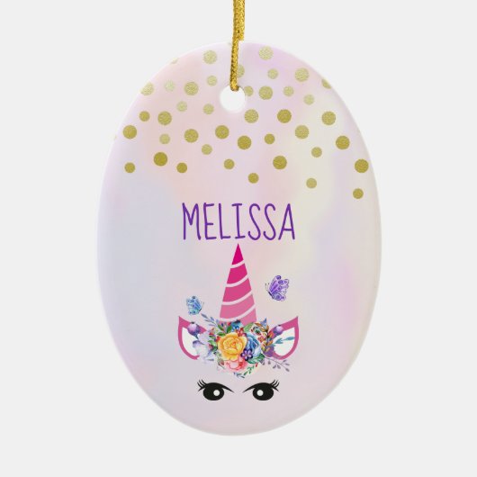 Trendy Unicorn mit Blumenkronen und Schmetterlinge Keramik Ornament (Vorne)