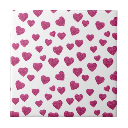Trendy Valentine Pink Glitter Hearts on White Fliese (Vorderseite)