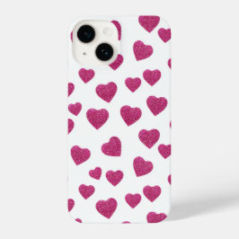 Trendy Valentine Pink Glitter Hearts on White iPhone 14 Hülle