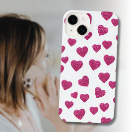 Trendy Valentine Pink Glitter Hearts on White iPhone 14 Hülle