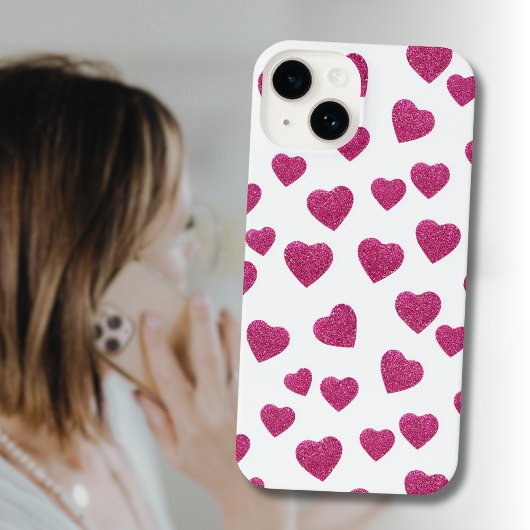 Trendy Valentine Pink Glitter Hearts on White iPhone Hülle