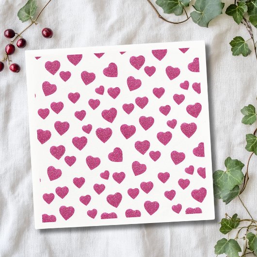 Trendy Valentine Pink Glitter Hearts on White Serviette