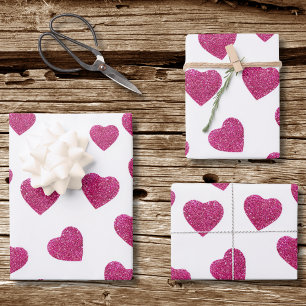 Trendy Valentinsgruß Pink Glitter Herzen auf Weiß Geschenkpapier Set
