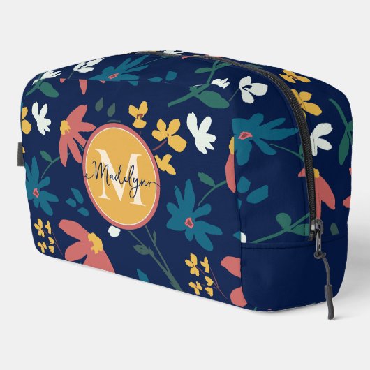 Trendy Vibrany Floral Pattern auf Blue Monogram Waschbeutel (Rechte Ecke)