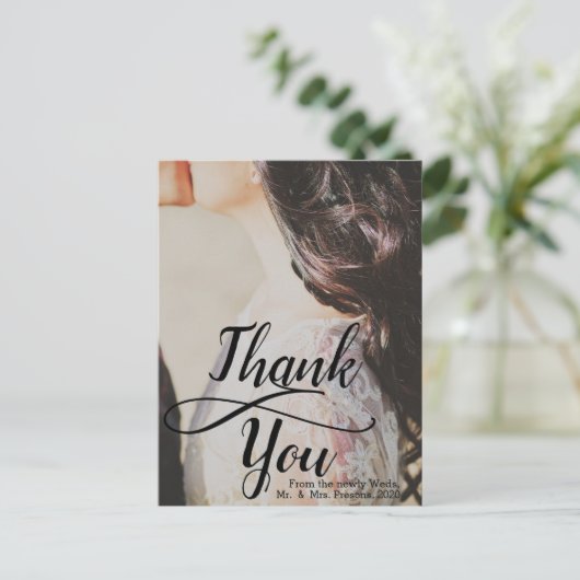 Trendy Vielen Dank, dass Sie Black Script Foto Wed Postkarte (Stehend Vorderseite)