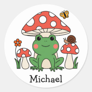 Trendy Vintage Niedlich Happy Green Frog und Mushr Runder Aufkleber