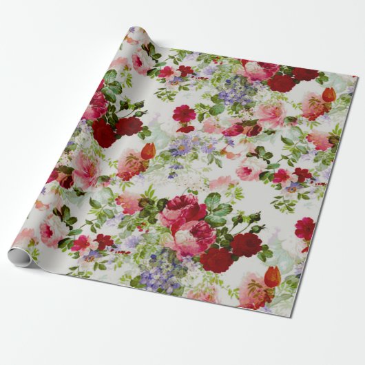 Trendy Vintager roter und rosa Blumendruck Geschenkpapier (Ungerollt)