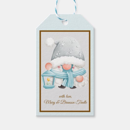 Trendy Watercolor Blue und Silver Christmas Gnome Geschenkanhänger (Vorderseite)