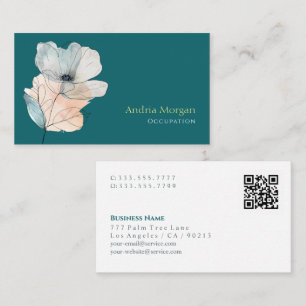 Trendy Watercolor Blume, Name QR Code, Blue Green Visitenkarte