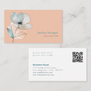 Trendy Watercolor Blume, Name, QR Code, Peach Visitenkarte