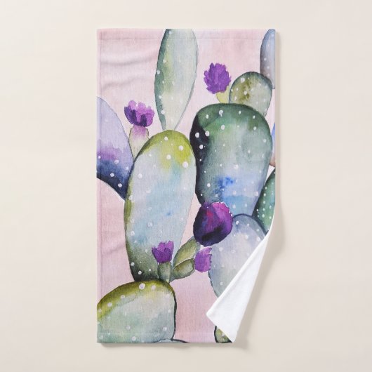 Trendy Watercolor Cactus & Cactus Blossoms Badhandtuch Set (Handtuch)