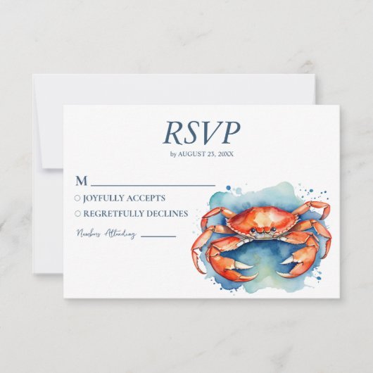 Trendy Watercolor Crab Nautical Beach Wedding RSVP Karte (Vorderseite)
