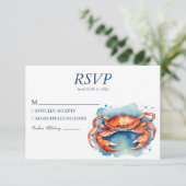 Trendy Watercolor Crab Nautical Beach Wedding RSVP Karte (Stehend Vorderseite)