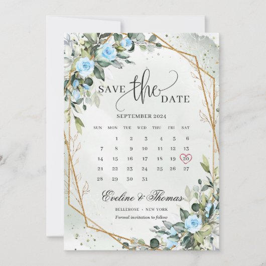 Trendy Watercolor Eisblüten Eukalyptus Gold Save The Date (Vorderseite)