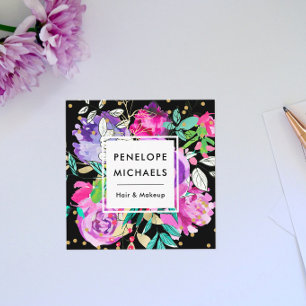 Trendy Watercolor Floral Bouquet in Schwarz Quadratische Visitenkarte