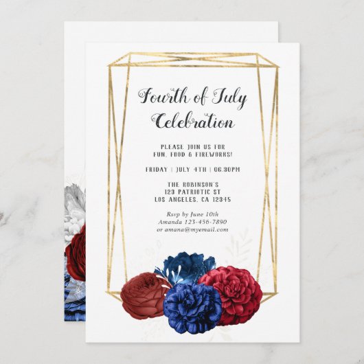 Trendy Watercolor Floral Geometric 4. Juli Party Einladung (Vorne/Hinten)