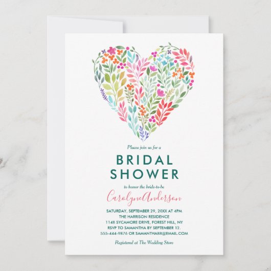 Trendy Watercolor Floral Heart Brautparty Einladung (Vorderseite)